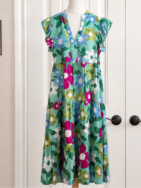 entro Dresses & Skirts - entro Teal Floral Tiered Midi Dress with Pink & Blue Blooms